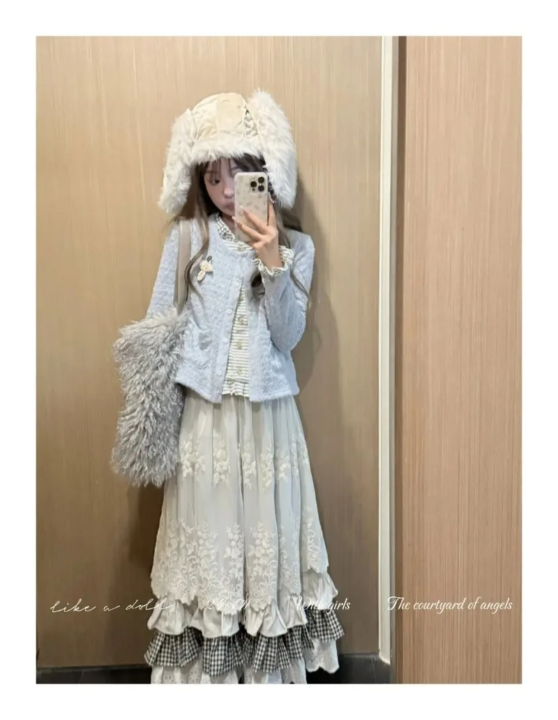 Women Sweet Vintage Mori Girl Style High Waist Splicing Plaid Long Skirt Winter New Korean Fashion Beige Lace Kawaii Maxi Skirts