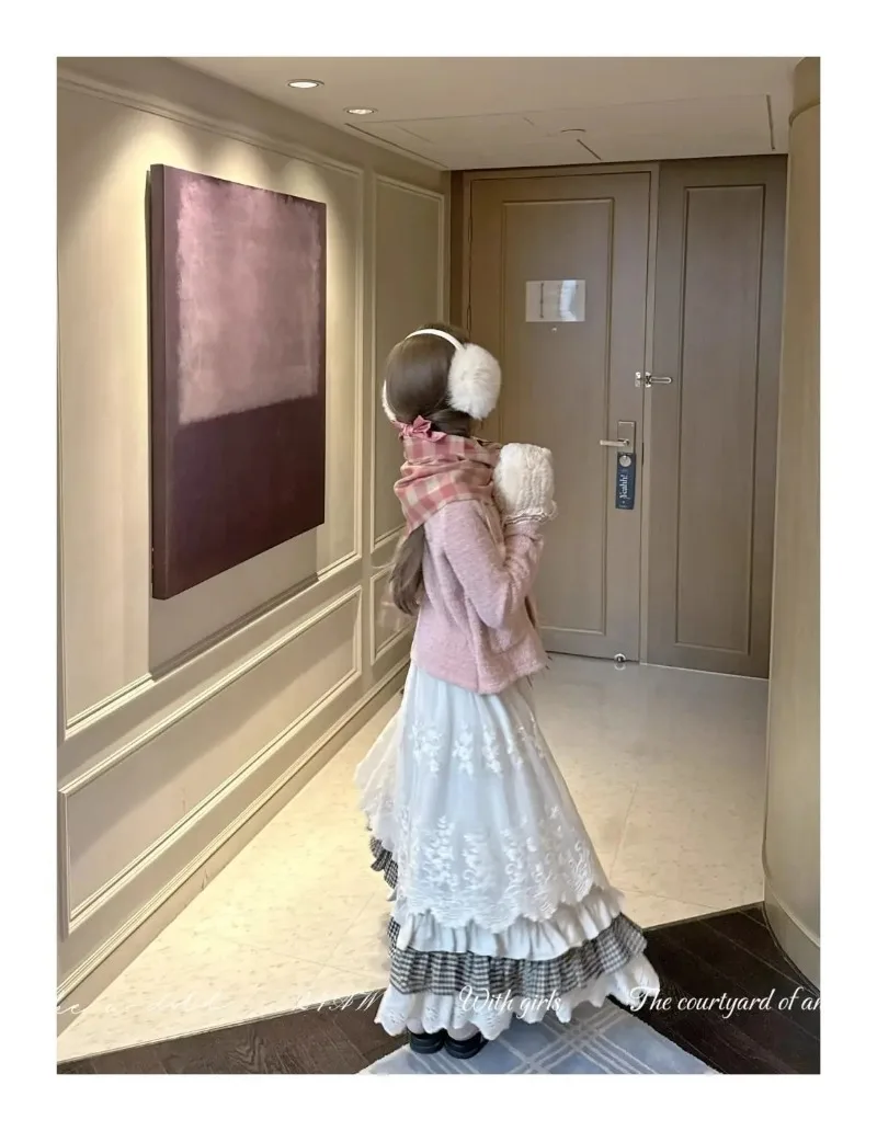 Women Sweet Vintage Mori Girl Style High Waist Splicing Plaid Long Skirt Winter New Korean Fashion Beige Lace Kawaii Maxi Skirts