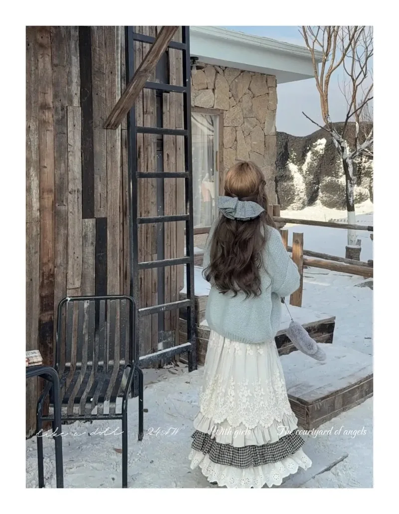Women Sweet Vintage Mori Girl Style High Waist Splicing Plaid Long Skirt Winter New Korean Fashion Beige Lace Kawaii Maxi Skirts