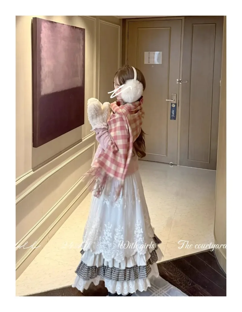 Women Sweet Vintage Mori Girl Style High Waist Splicing Plaid Long Skirt Winter New Korean Fashion Beige Lace Kawaii Maxi Skirts