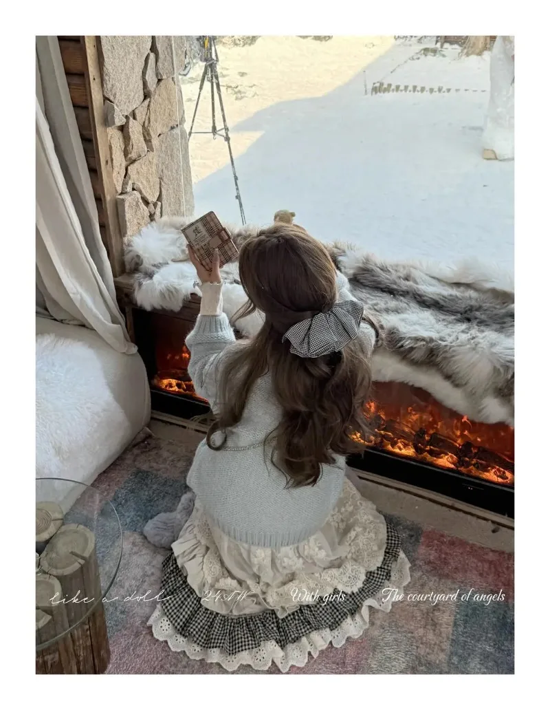 Women Sweet Vintage Mori Girl Style High Waist Splicing Plaid Long Skirt Winter New Korean Fashion Beige Lace Kawaii Maxi Skirts