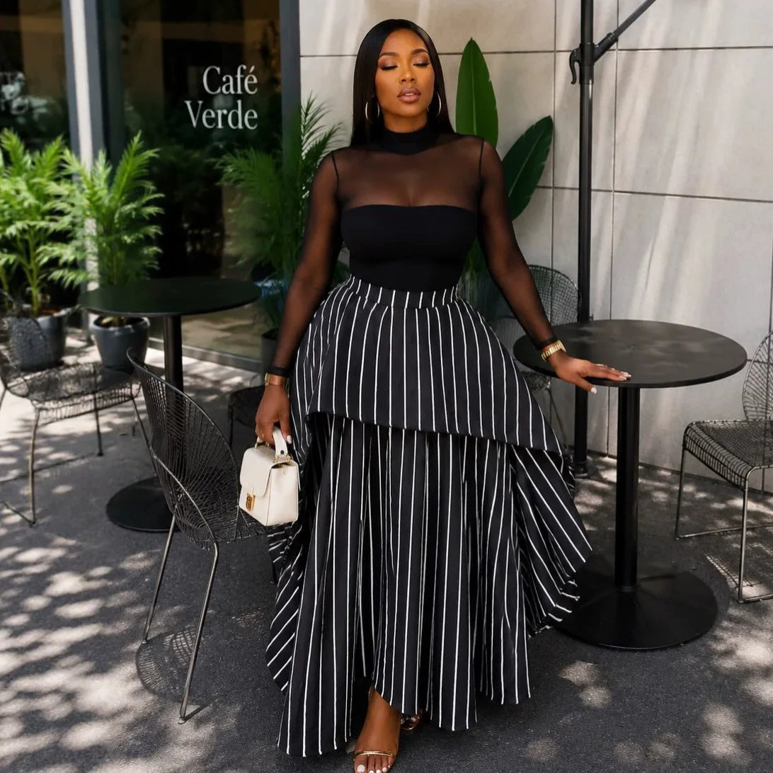 Houndstooth Maxi Skirt for Women High Waist Layered Ruffle Irregular Hem A Line Skirt Elegant Vintage Formal Tiered Maxi Skirt