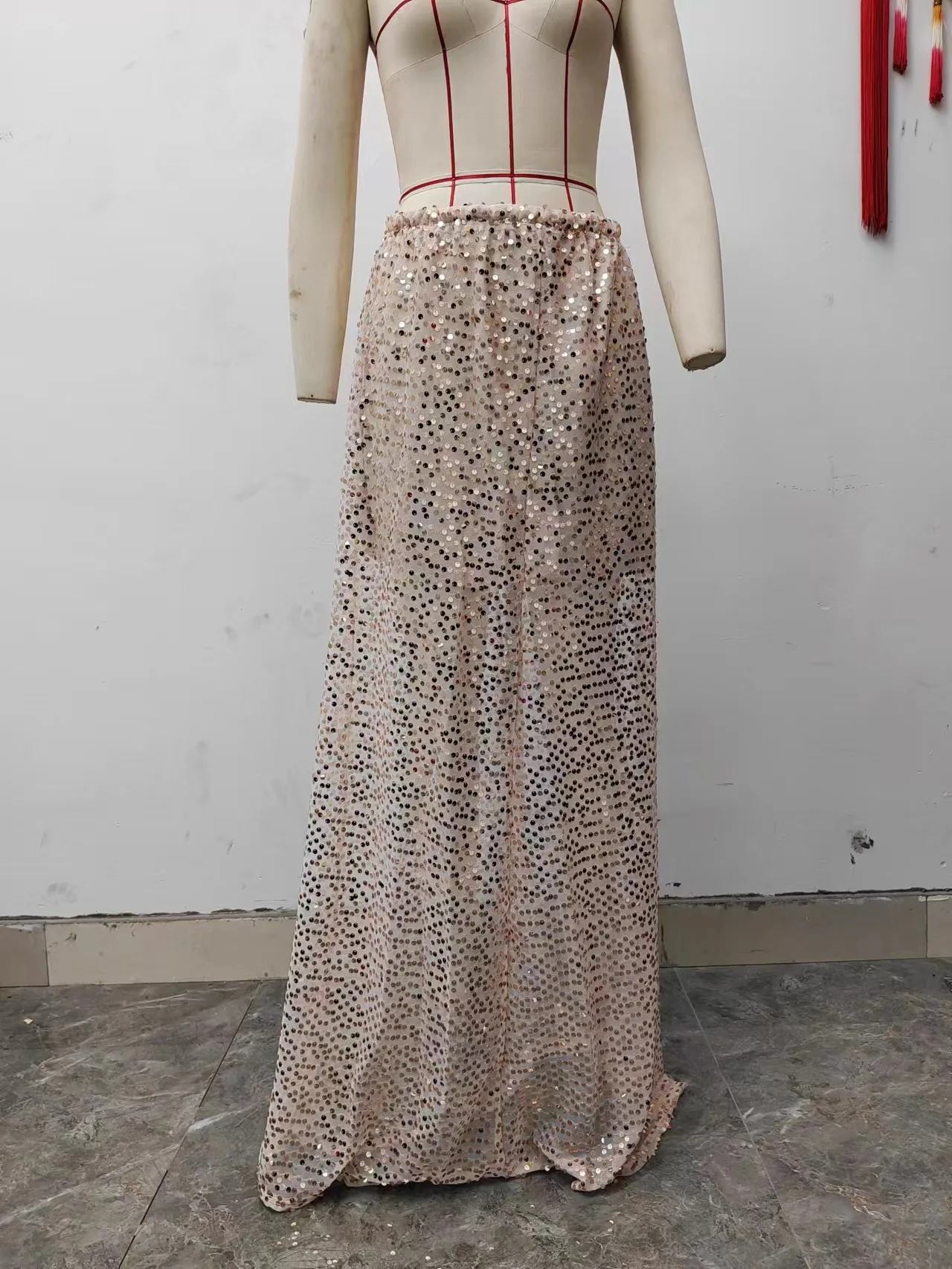 Skirts women 2026 casual spring autumn sequined floor-length skirt Europe America solid color long skirts women's clothing