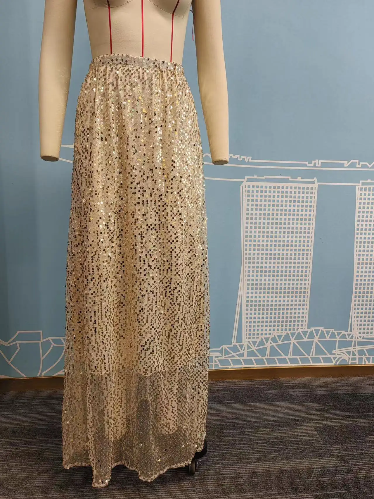 Skirts women 2026 casual spring autumn sequined floor-length skirt Europe America solid color long skirts women's clothing
