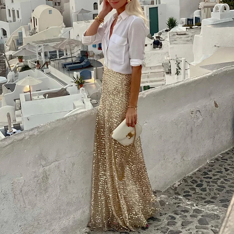 Skirts women 2026 casual spring autumn sequined floor-length skirt Europe America solid color long skirts women's clothing