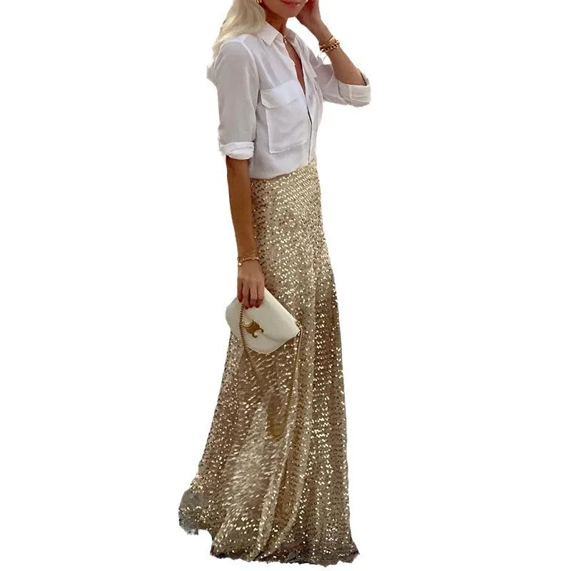 Skirts women 2026 casual spring autumn sequined floor-length skirt Europe America solid color long skirts women's clothing