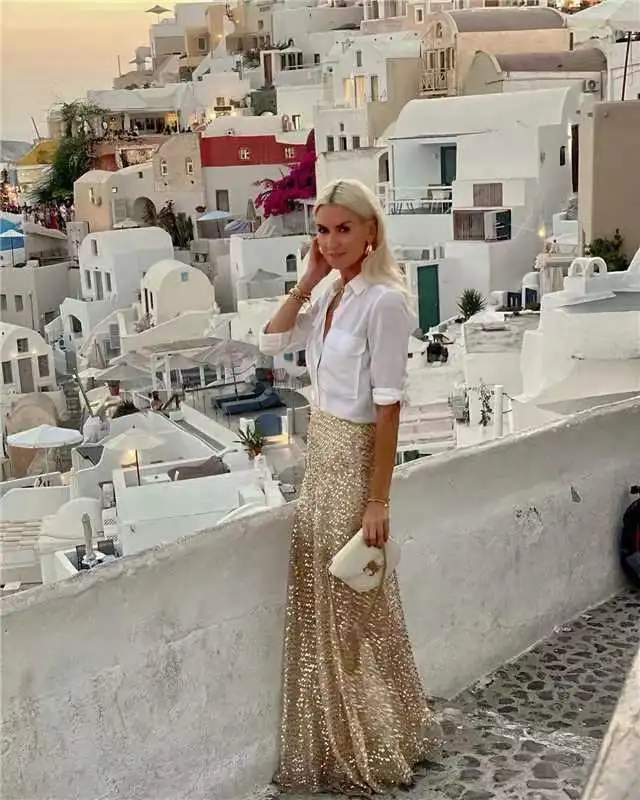 Skirts women 2026 casual spring autumn sequined floor-length skirt Europe America solid color long skirts women's clothing