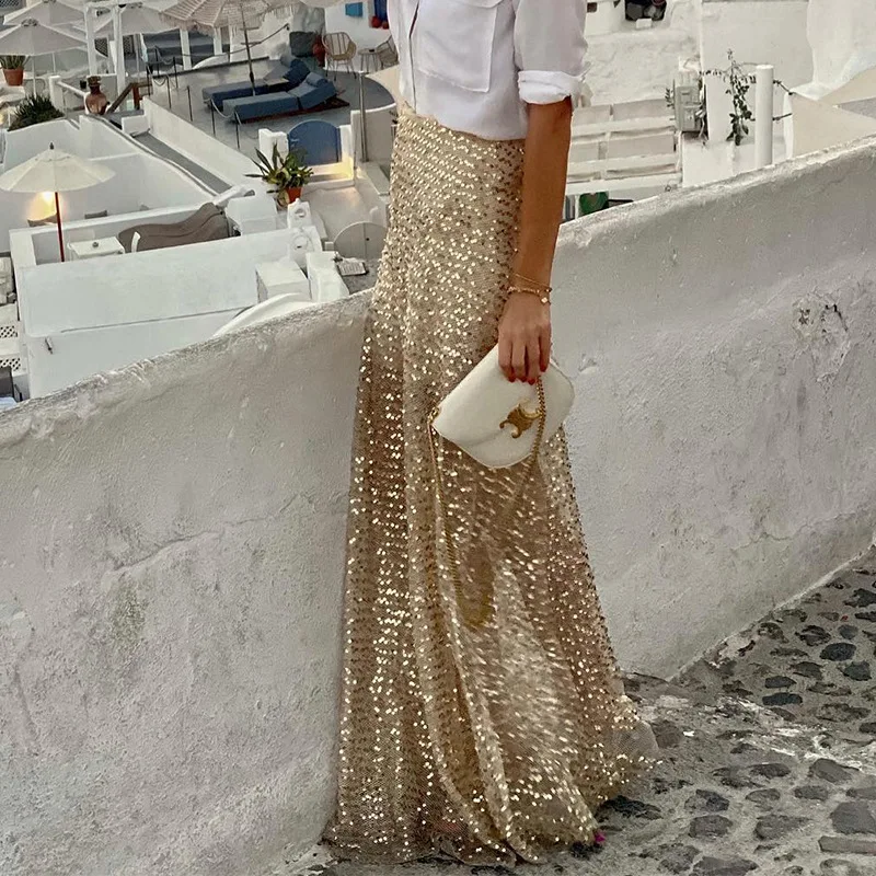 Skirts women 2026 casual spring autumn sequined floor-length skirt Europe America solid color long skirts women's clothing
