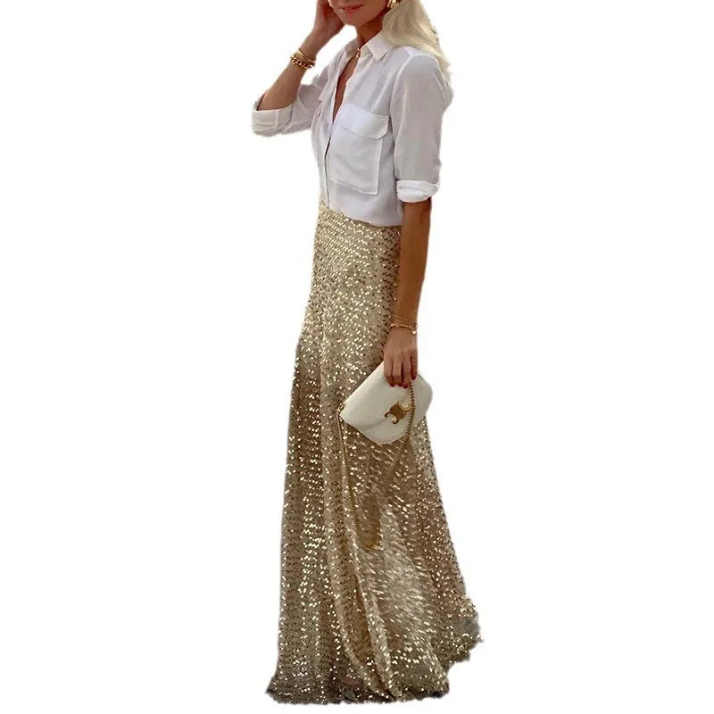 Skirts women 2026 casual spring autumn sequined floor-length skirt Europe America solid color long skirts women's clothing