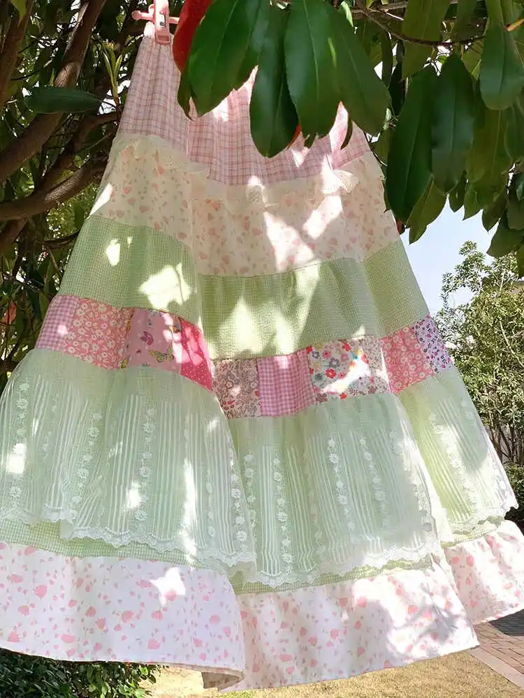 Matakawa Japanese Style Long Skirts Print Vintage A-line Spring Summer Faldas Mujer Patchwork Sweet Fashion Women Skirt