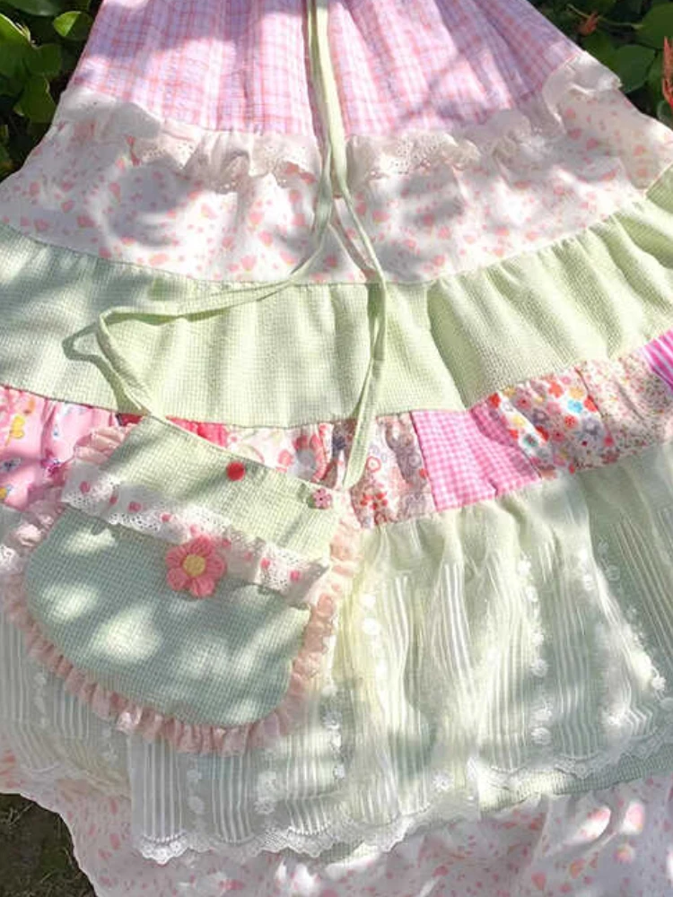 Matakawa Japanese Style Long Skirts Print Vintage A-line Spring Summer Faldas Mujer Patchwork Sweet Fashion Women Skirt