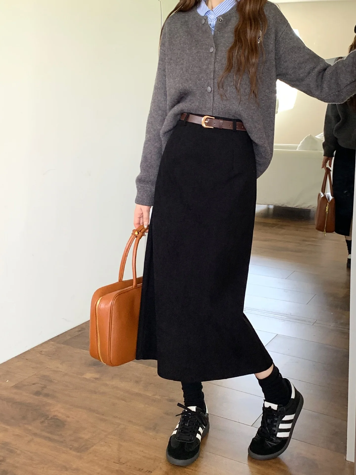 High Waist Slimming Retro Corduroy Midi Skirt Hip Concealing Straight Leg A- Line Wrap Around Skirt for Women Solid Color