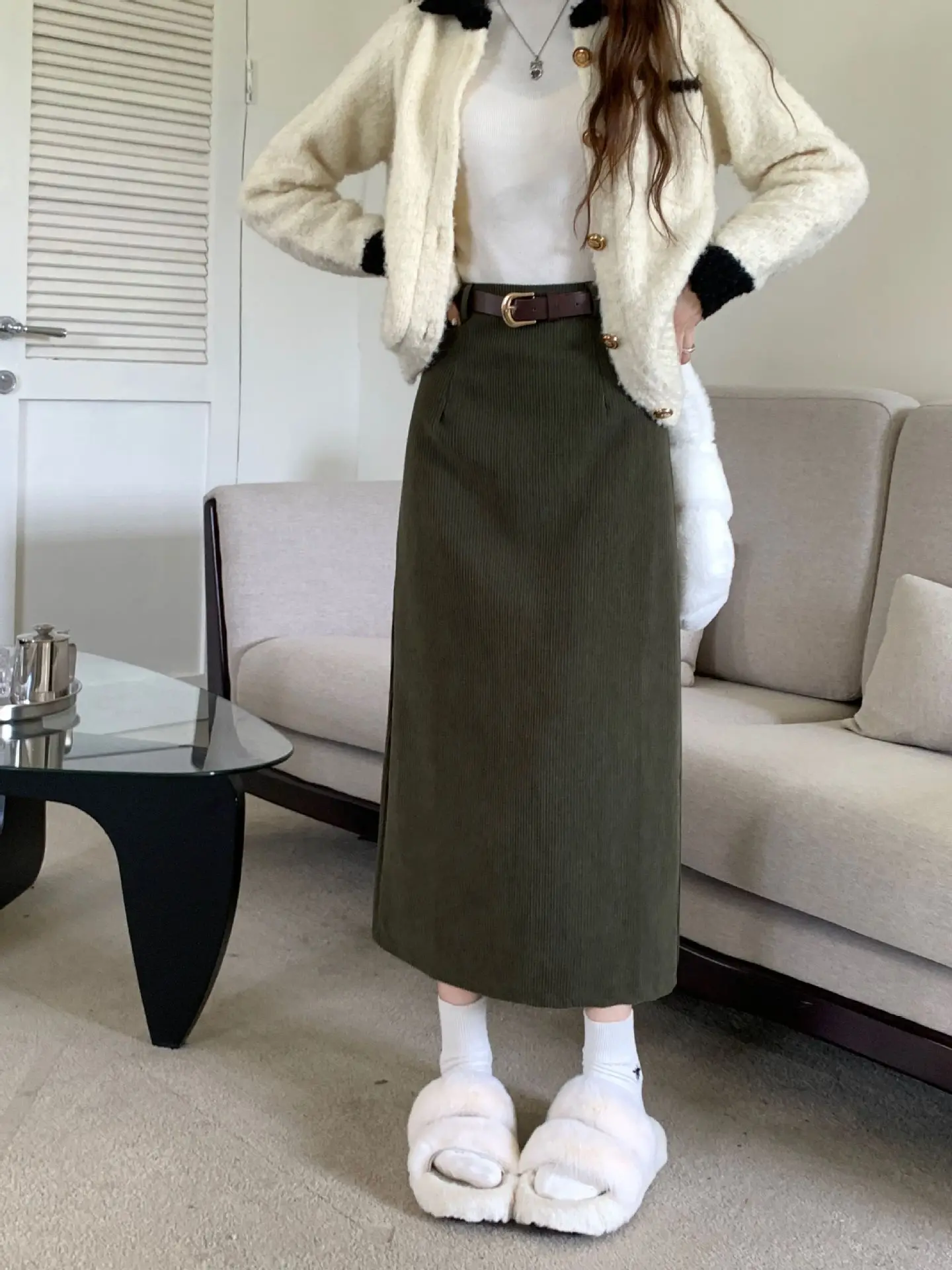 High Waist Slimming Retro Corduroy Midi Skirt Hip Concealing Straight Leg A- Line Wrap Around Skirt for Women Solid Color