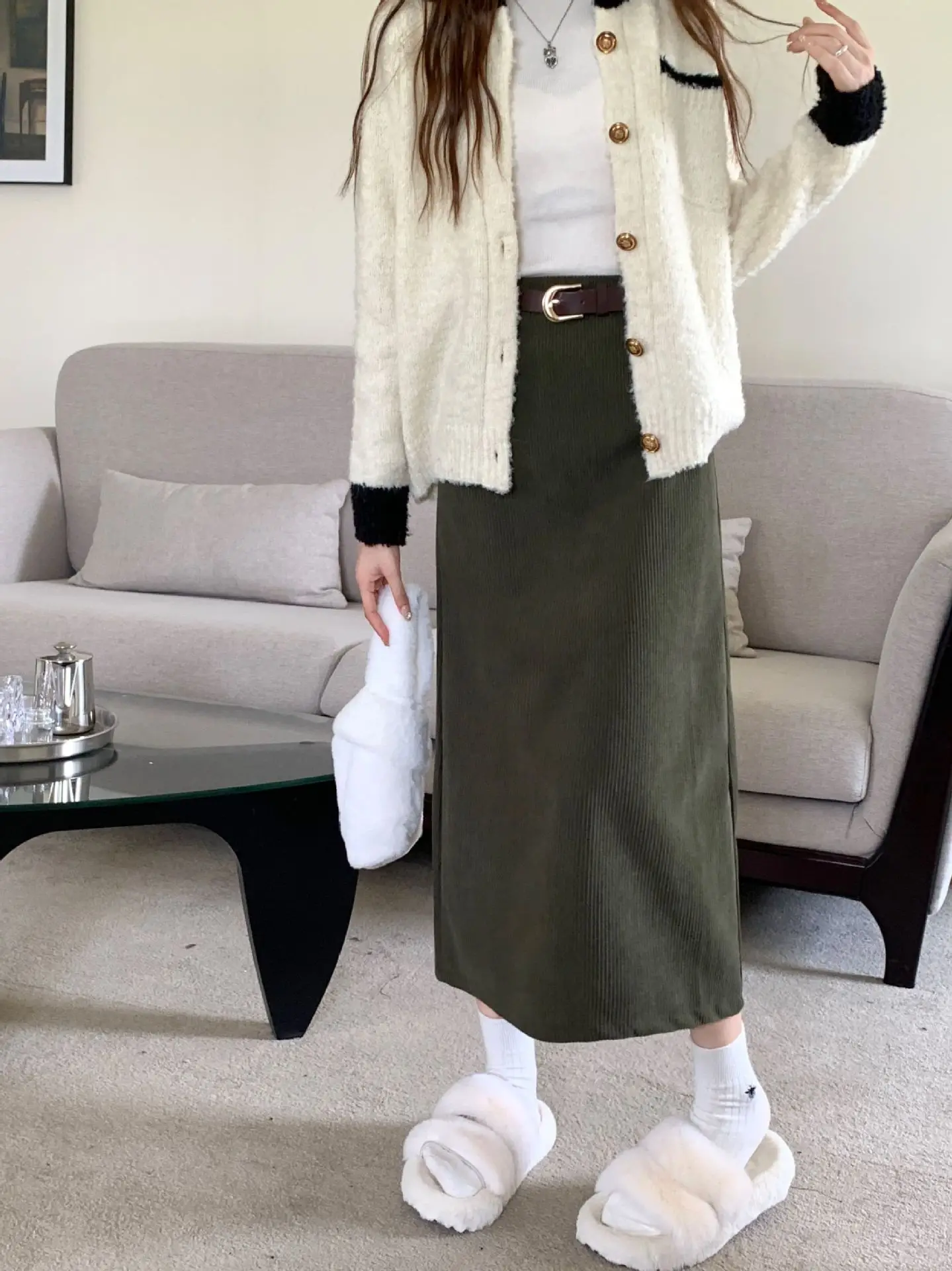 High Waist Slimming Retro Corduroy Midi Skirt Hip Concealing Straight Leg A- Line Wrap Around Skirt for Women Solid Color