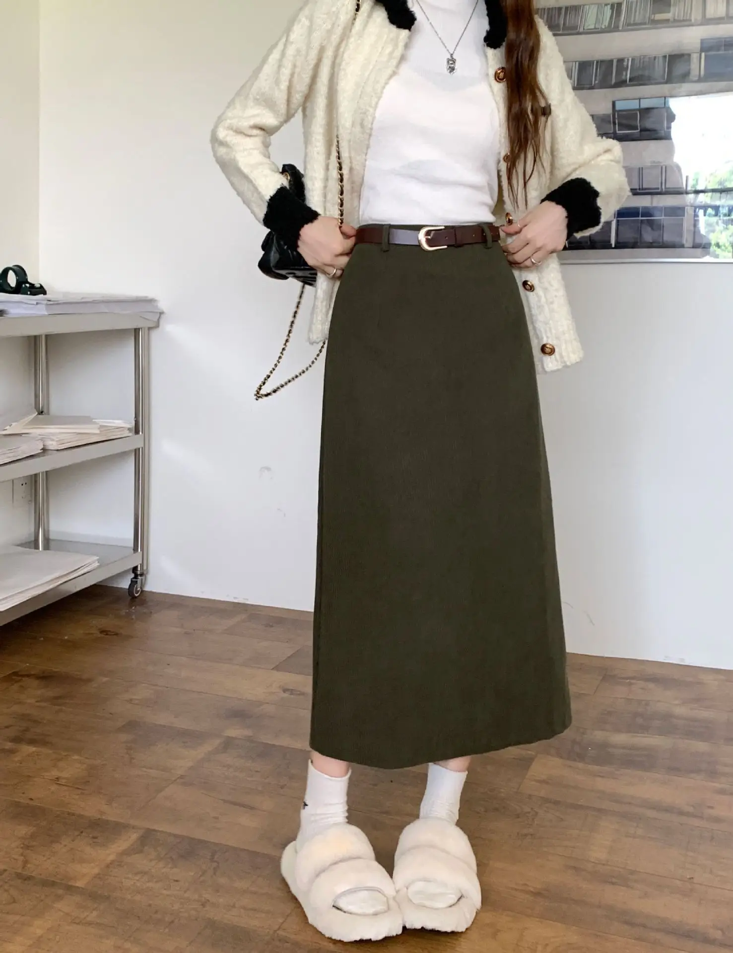 High Waist Slimming Retro Corduroy Midi Skirt Hip Concealing Straight Leg A- Line Wrap Around Skirt for Women Solid Color
