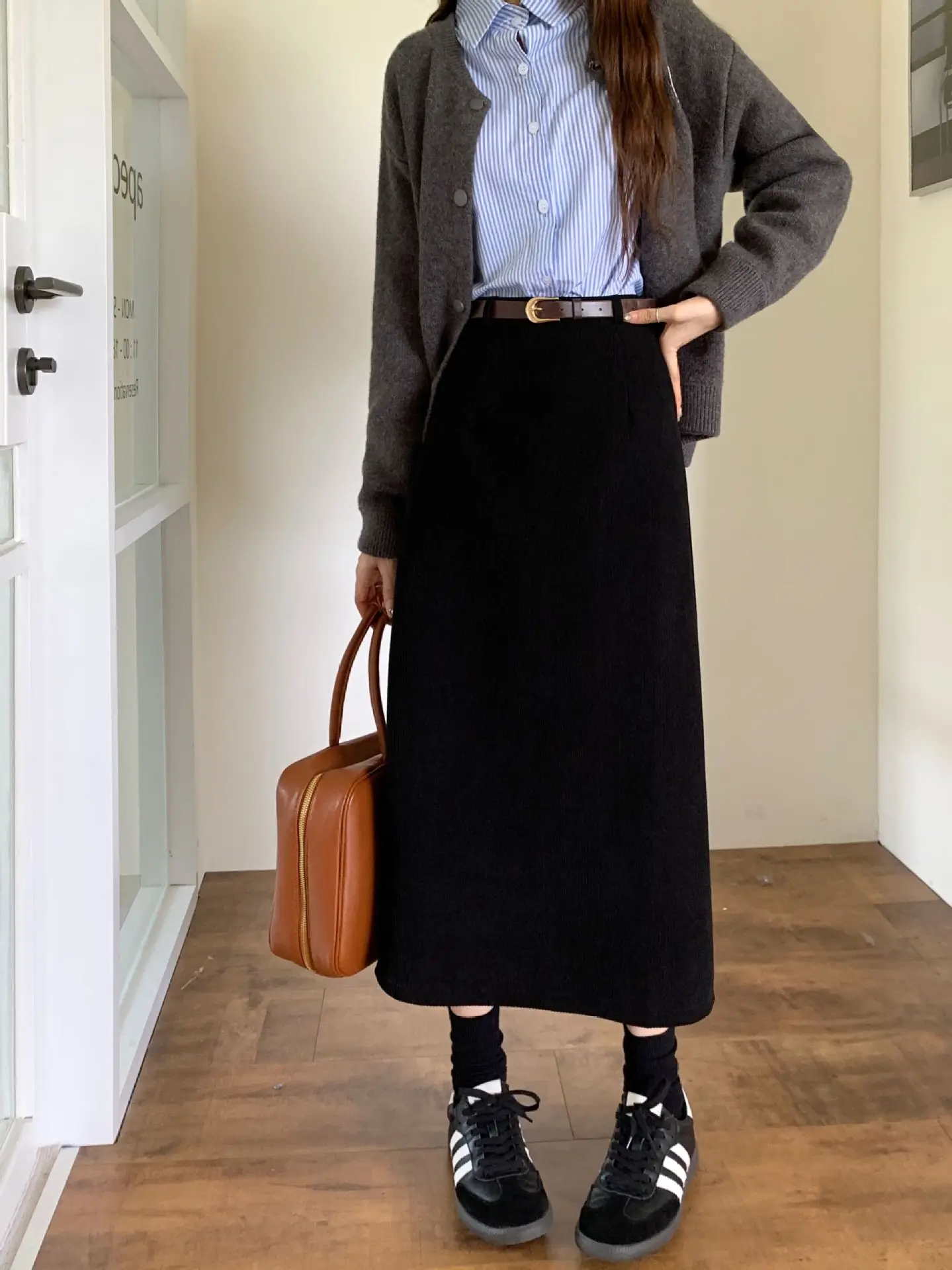 High Waist Slimming Retro Corduroy Midi Skirt Hip Concealing Straight Leg A- Line Wrap Around Skirt for Women Solid Color
