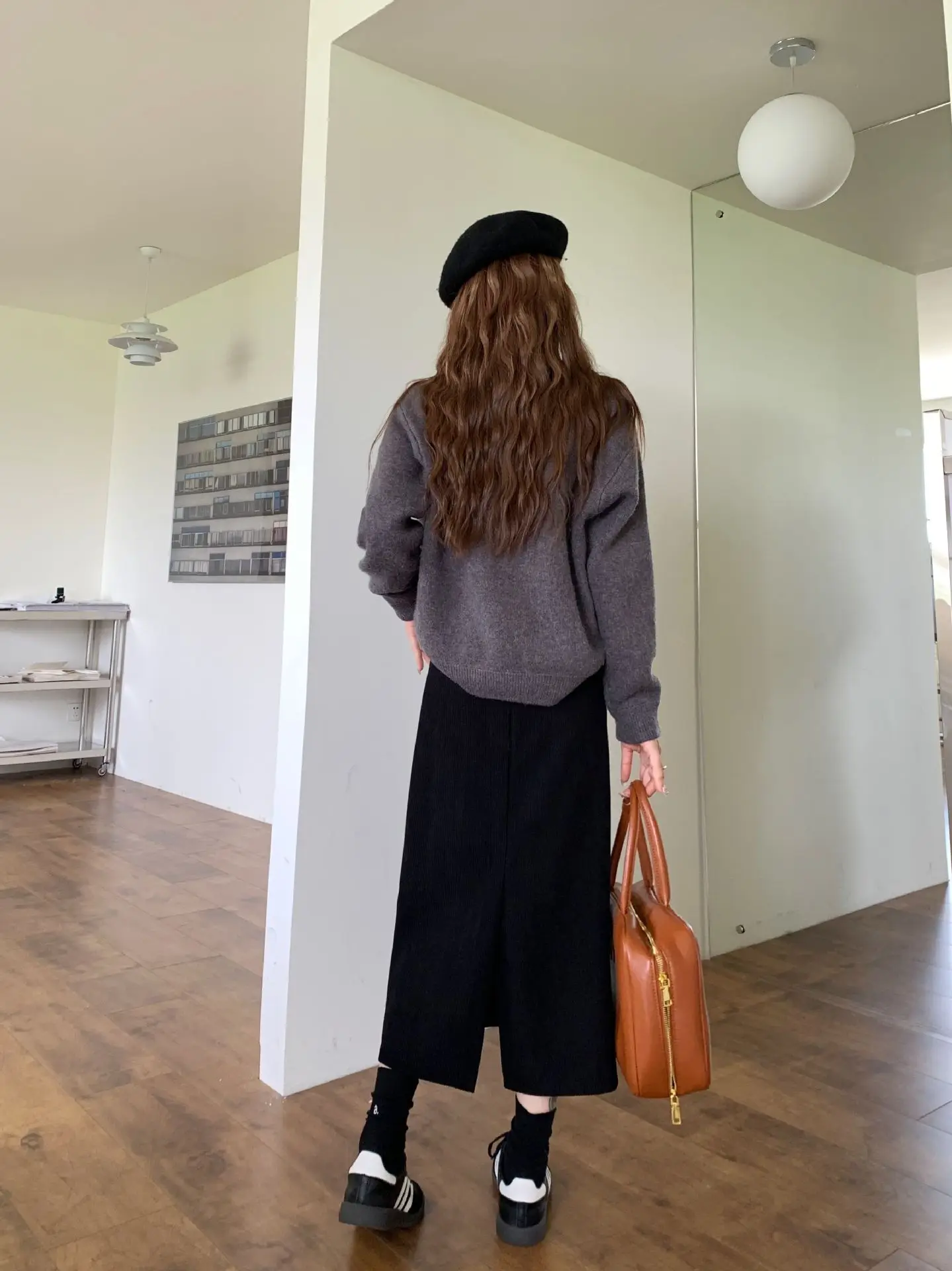 High Waist Slimming Retro Corduroy Midi Skirt Hip Concealing Straight Leg A- Line Wrap Around Skirt for Women Solid Color