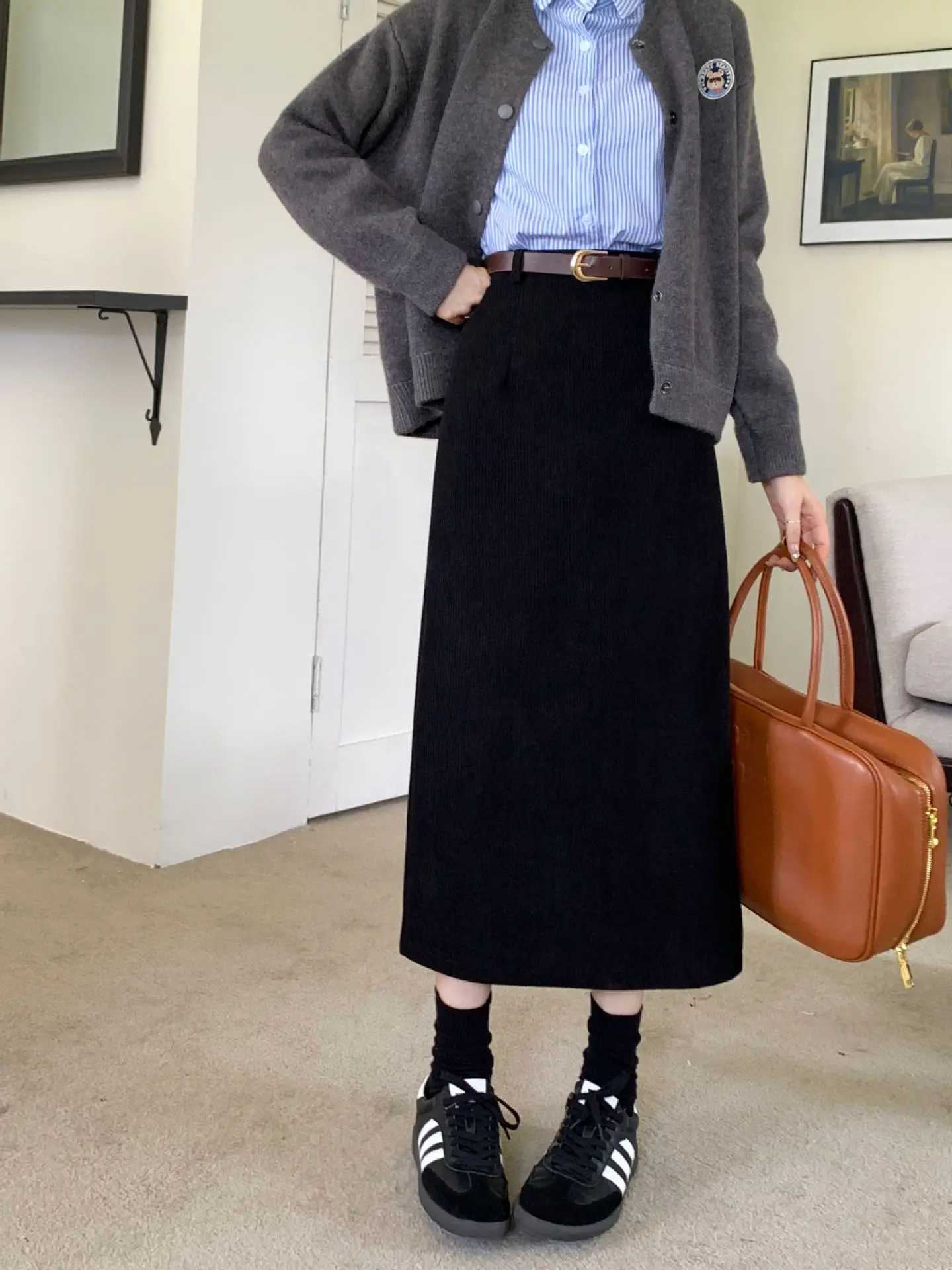 High Waist Slimming Retro Corduroy Midi Skirt Hip Concealing Straight Leg A- Line Wrap Around Skirt for Women Solid Color