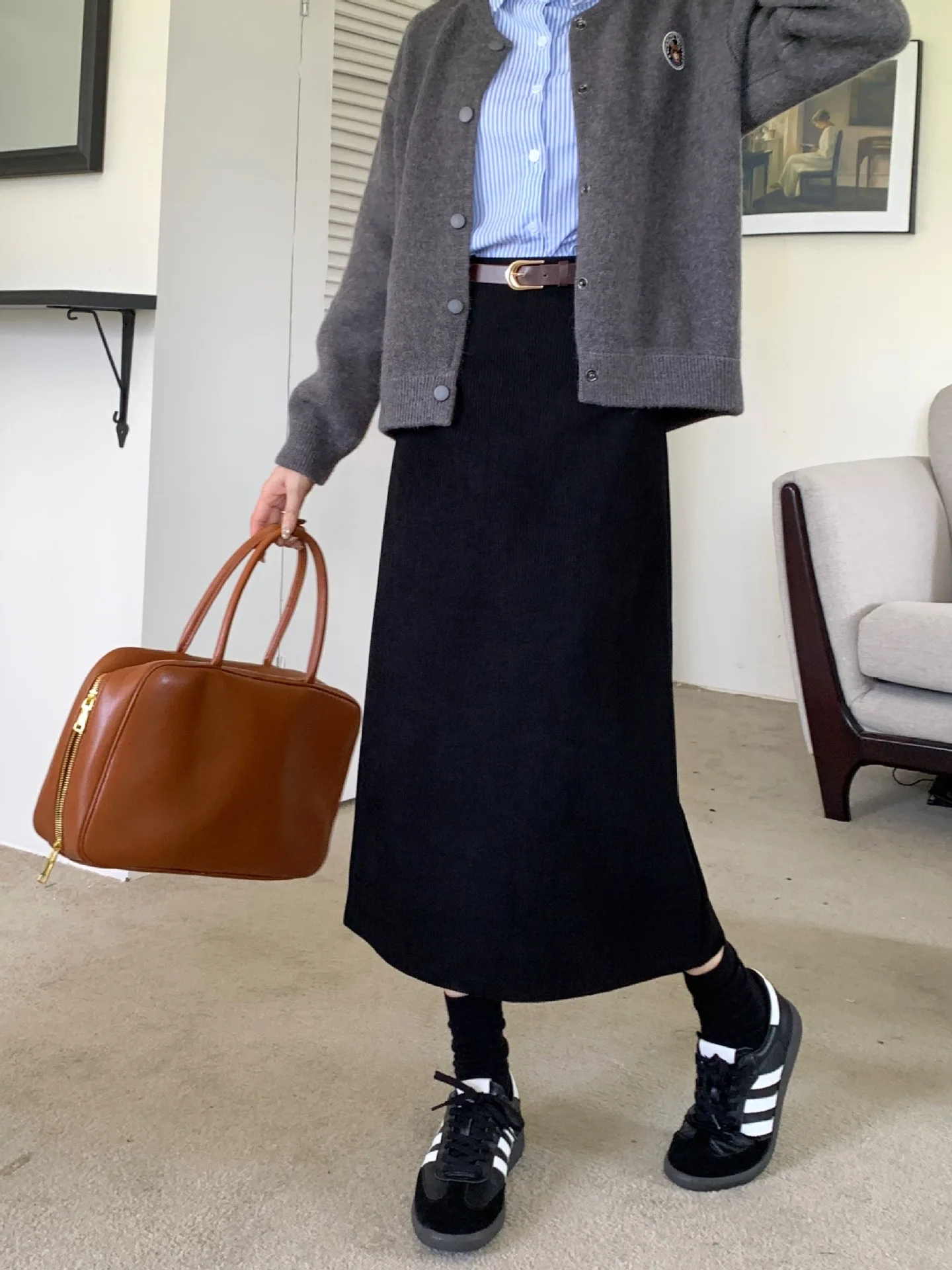 High Waist Slimming Retro Corduroy Midi Skirt Hip Concealing Straight Leg A- Line Wrap Around Skirt for Women Solid Color