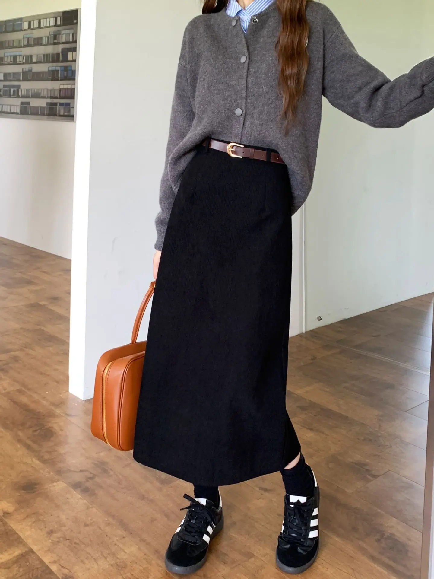 High Waist Slimming Retro Corduroy Midi Skirt Hip Concealing Straight Leg A- Line Wrap Around Skirt for Women Solid Color