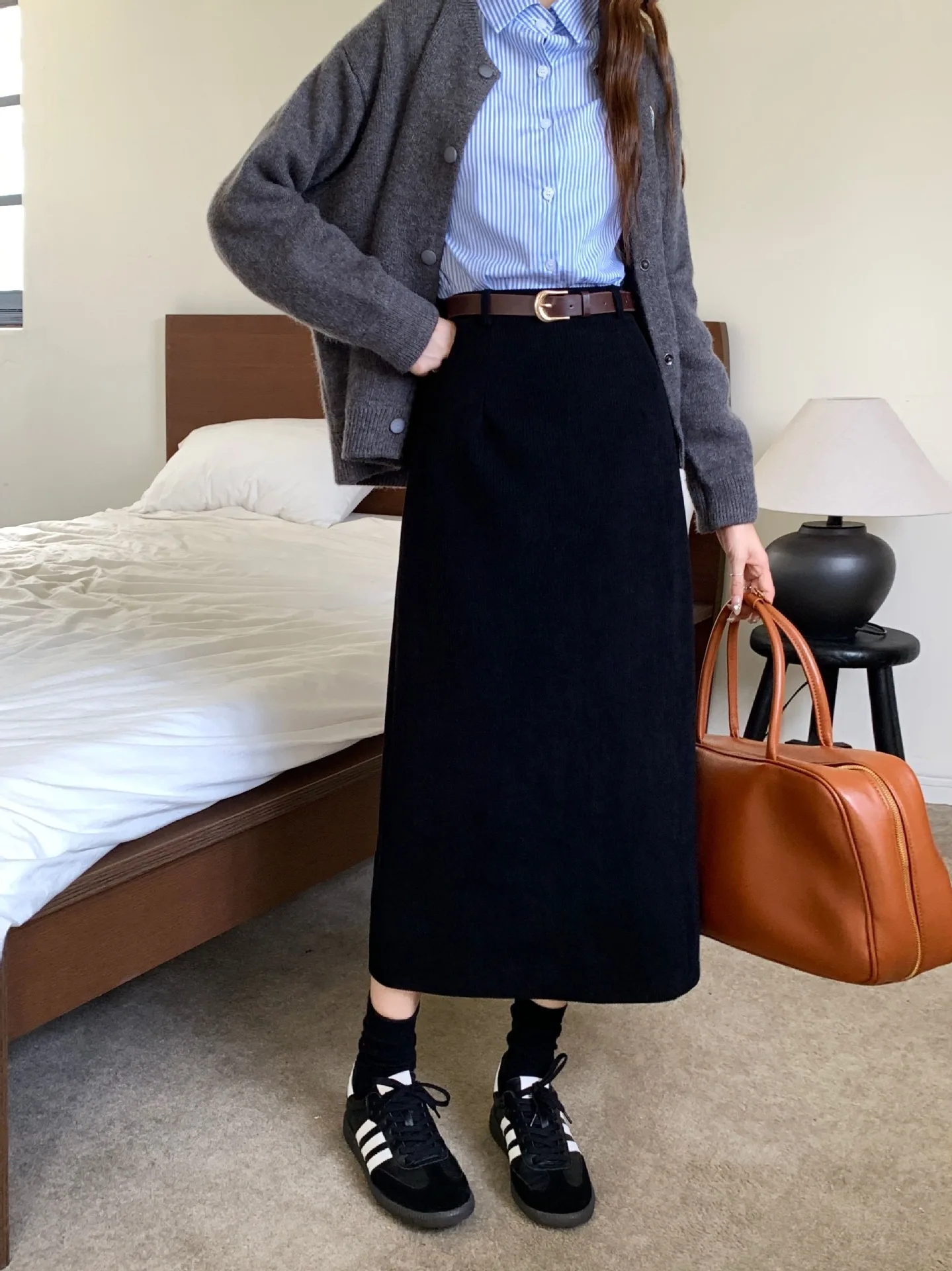 High Waist Slimming Retro Corduroy Midi Skirt Hip Concealing Straight Leg A- Line Wrap Around Skirt for Women Solid Color
