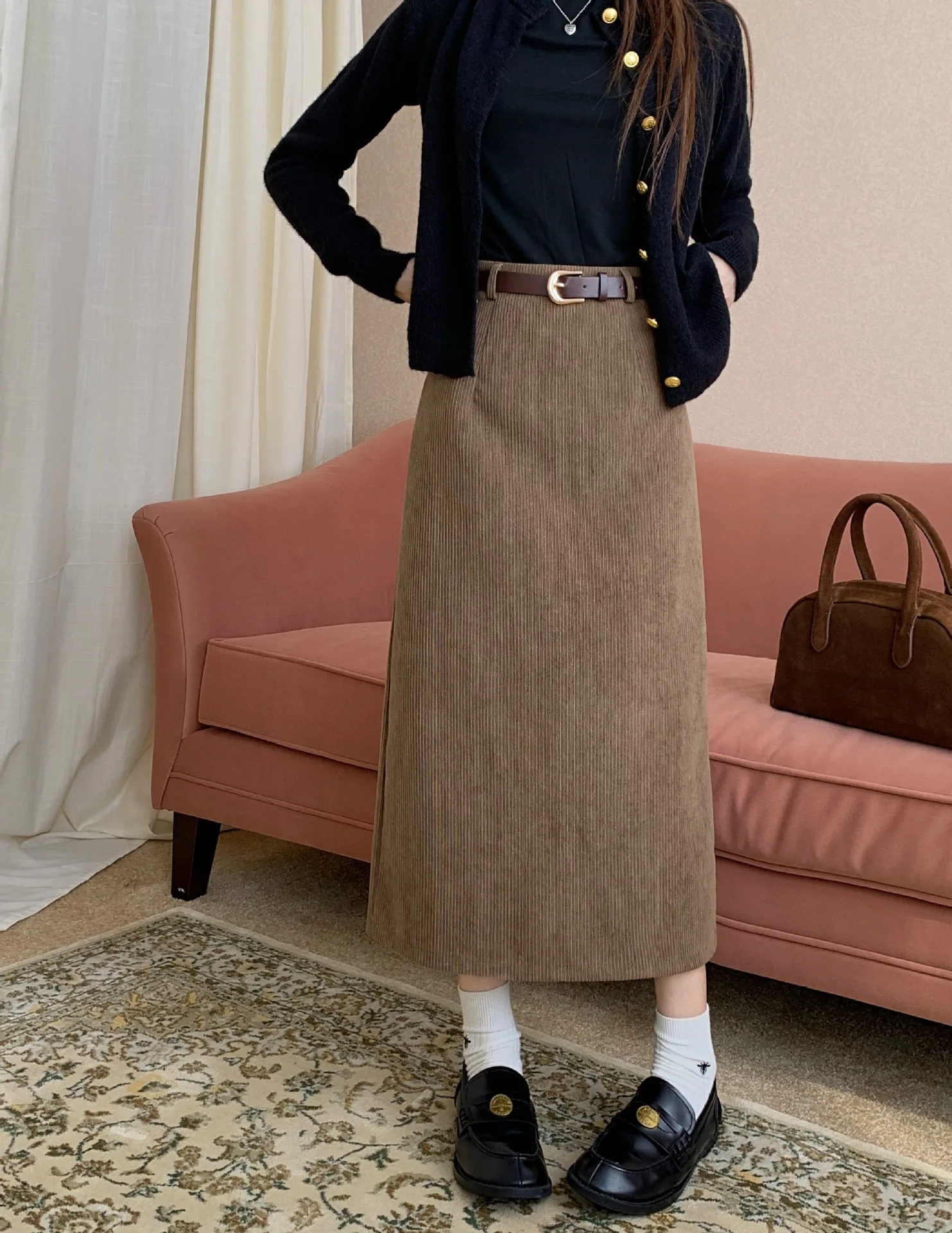 High Waist Slimming Retro Corduroy Midi Skirt Hip Concealing Straight Leg A- Line Wrap Around Skirt for Women Solid Color