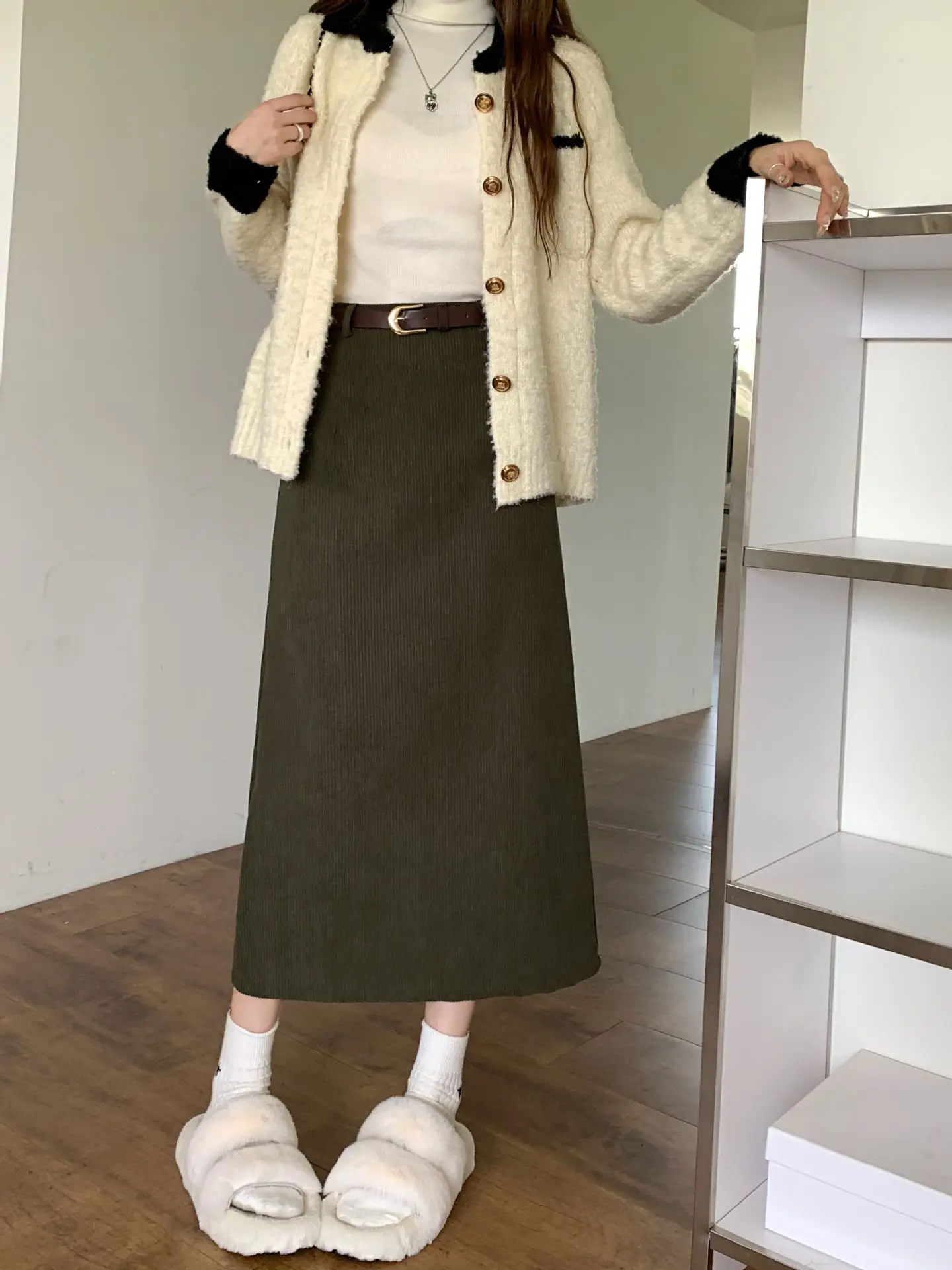 High Waist Slimming Retro Corduroy Midi Skirt Hip Concealing Straight Leg A- Line Wrap Around Skirt for Women Solid Color