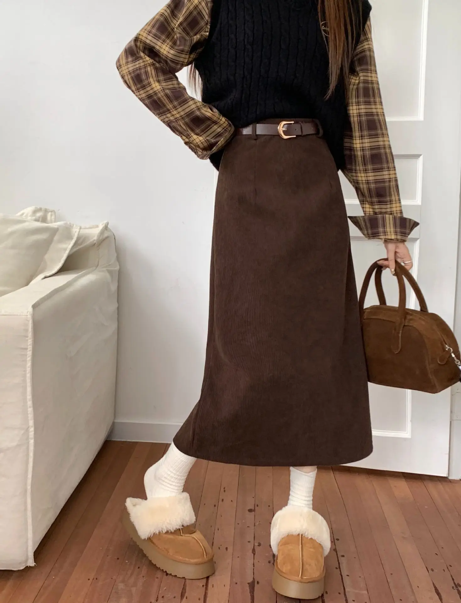 High Waist Slimming Retro Corduroy Midi Skirt Hip Concealing Straight Leg A- Line Wrap Around Skirt for Women Solid Color