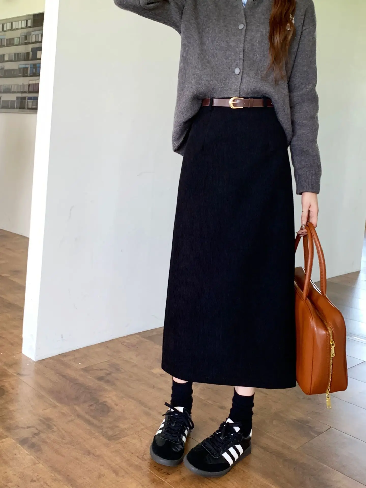High Waist Slimming Retro Corduroy Midi Skirt Hip Concealing Straight Leg A- Line Wrap Around Skirt for Women Solid Color