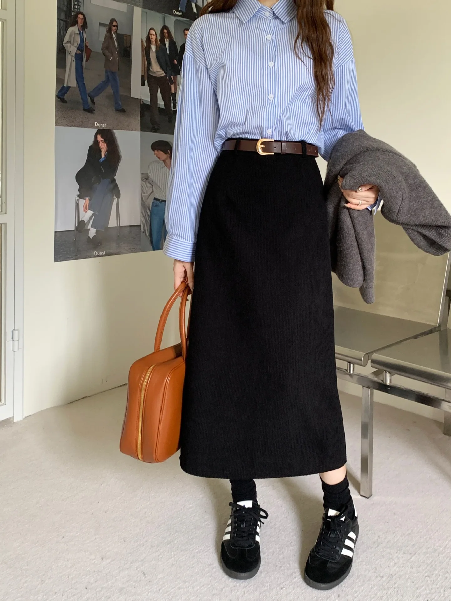 High Waist Slimming Retro Corduroy Midi Skirt Hip Concealing Straight Leg A- Line Wrap Around Skirt for Women Solid Color