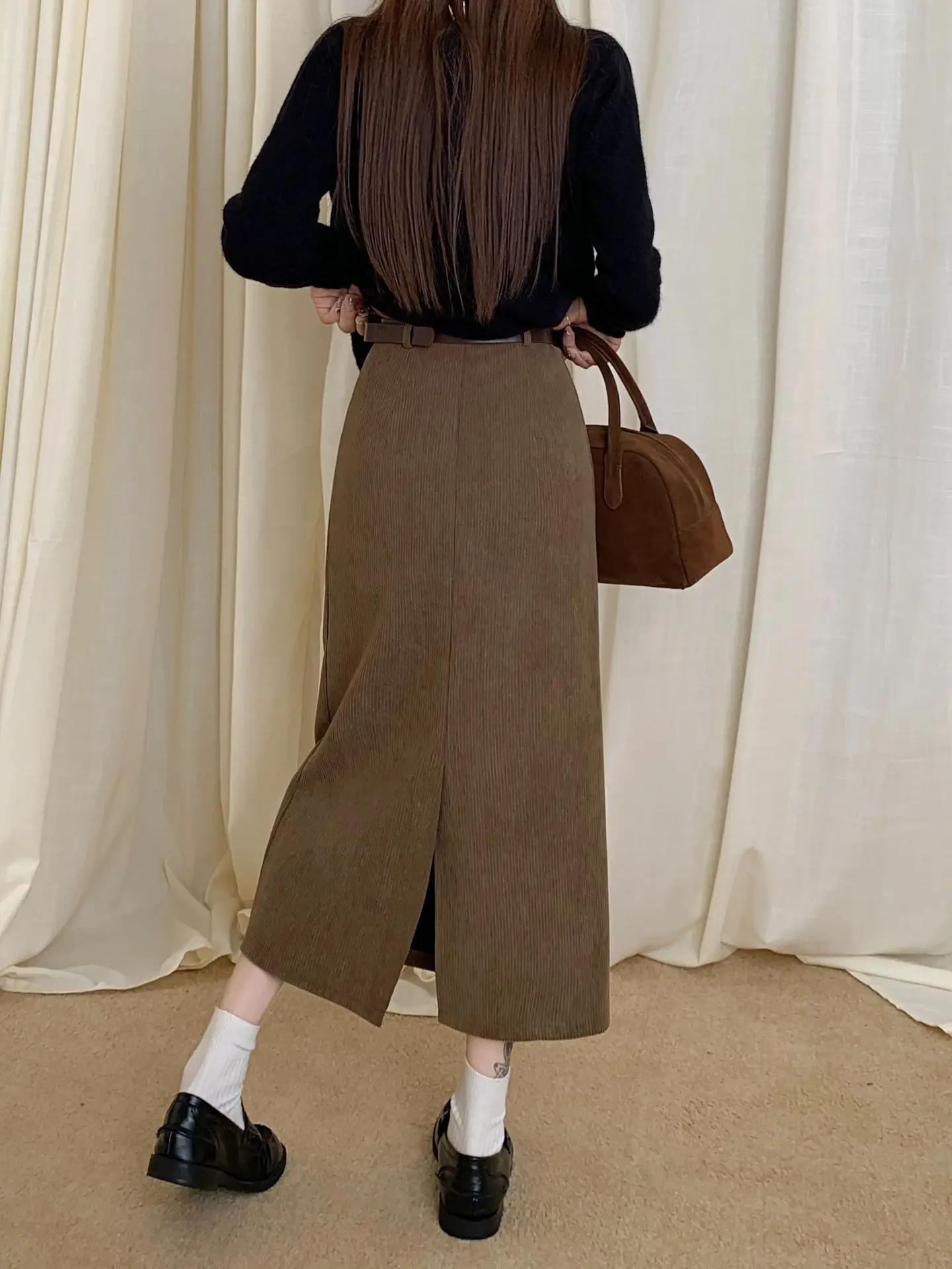 High Waist Slimming Retro Corduroy Midi Skirt Hip Concealing Straight Leg A- Line Wrap Around Skirt for Women Solid Color