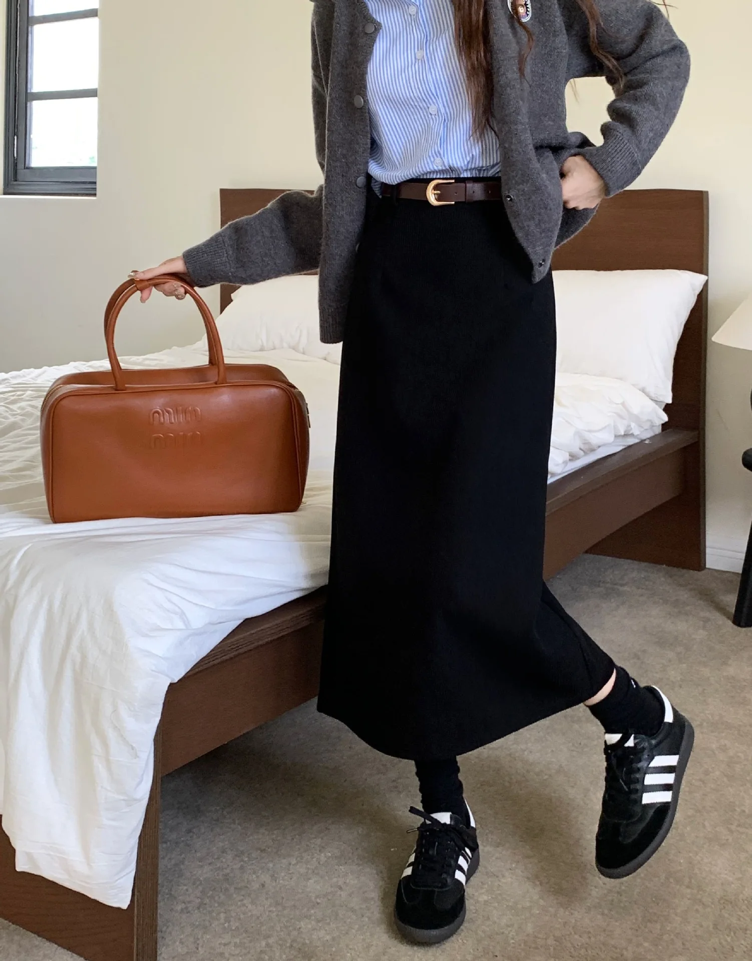 High Waist Slimming Retro Corduroy Midi Skirt Hip Concealing Straight Leg A- Line Wrap Around Skirt for Women Solid Color