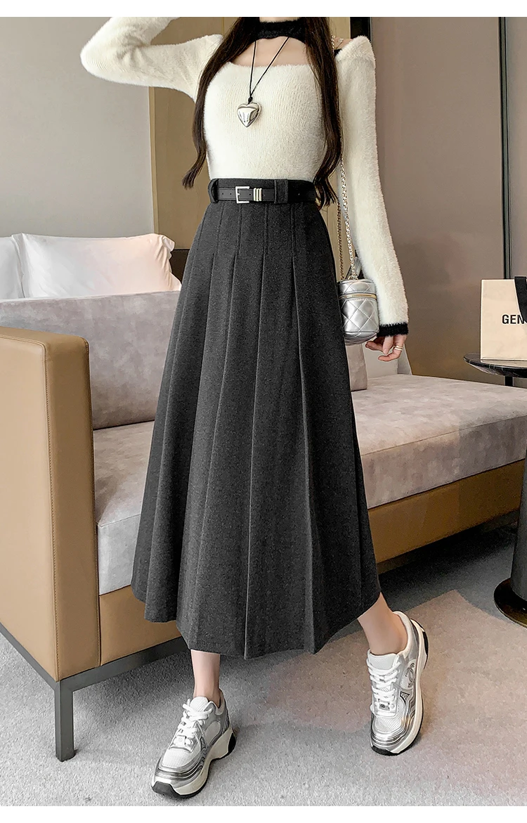 Grey woolen pleated skirt for women in autumn and winter skirt high waisted casual large hemA-line medium length skirt