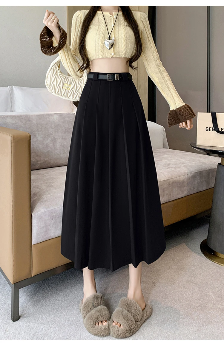 Grey woolen pleated skirt for women in autumn and winter skirt high waisted casual large hemA-line medium length skirt