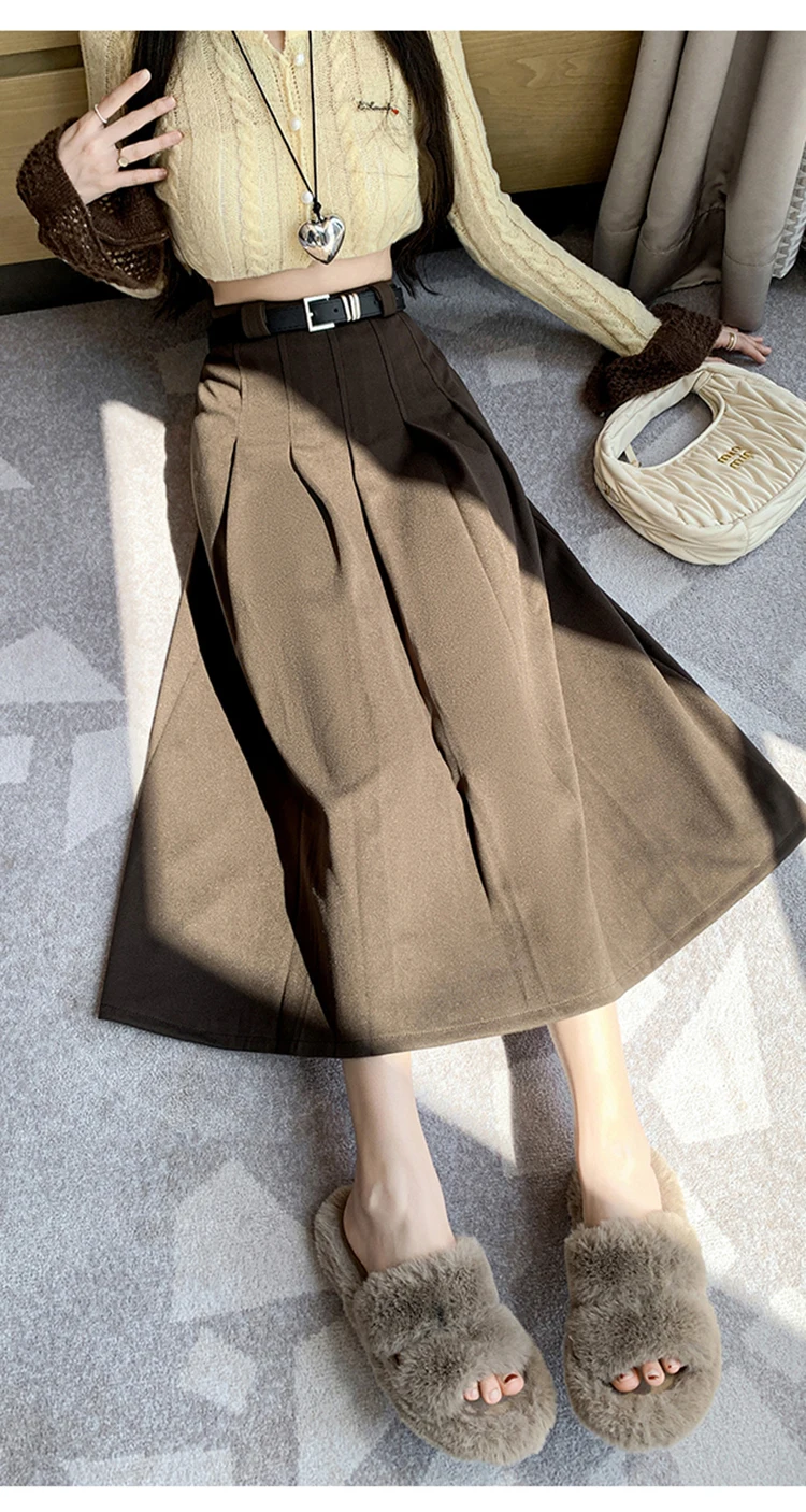 Grey woolen pleated skirt for women in autumn and winter skirt high waisted casual large hemA-line medium length skirt