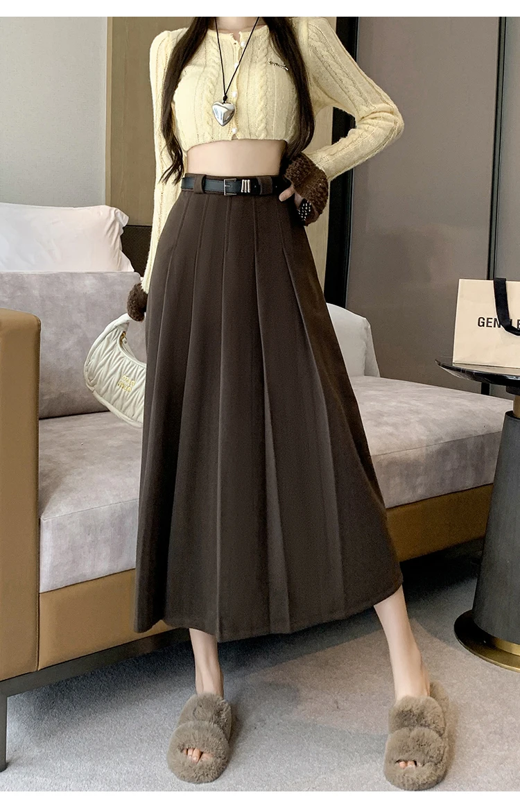 Grey woolen pleated skirt for women in autumn and winter skirt high waisted casual large hemA-line medium length skirt