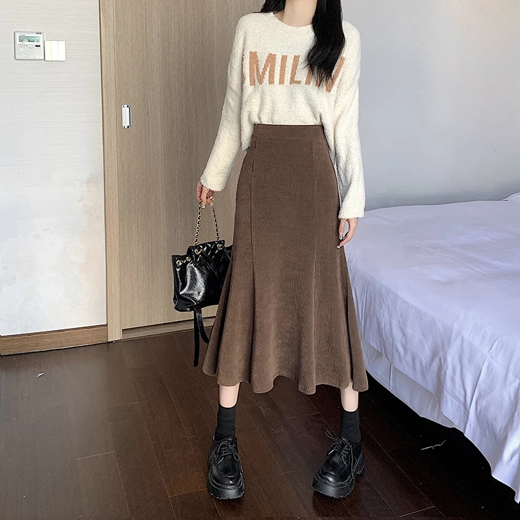 Grey woolen pleated skirt for women in autumn and winter skirt high waisted casual large hemA-line medium length skirt