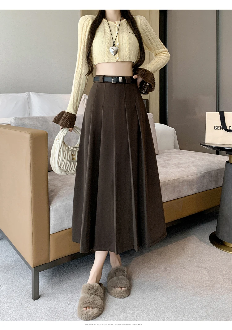 Grey woolen pleated skirt for women in autumn and winter skirt high waisted casual large hemA-line medium length skirt