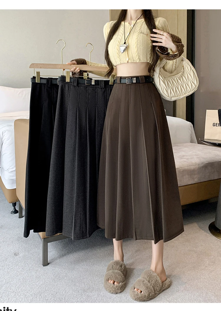 Grey woolen pleated skirt for women in autumn and winter skirt high waisted casual large hemA-line medium length skirt