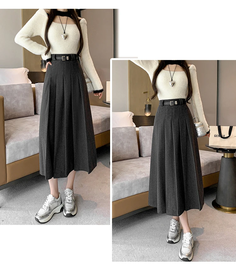 Grey woolen pleated skirt for women in autumn and winter skirt high waisted casual large hemA-line medium length skirt