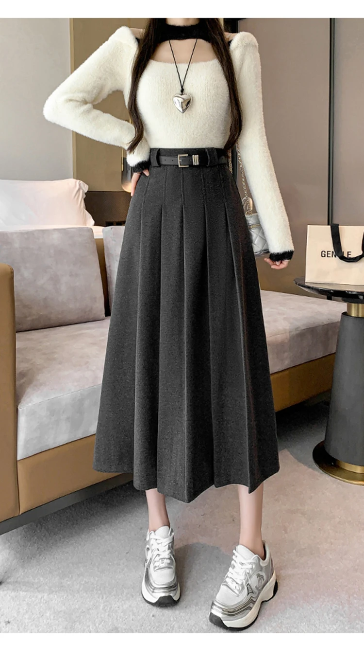 Grey woolen pleated skirt for women in autumn and winter skirt high waisted casual large hemA-line medium length skirt