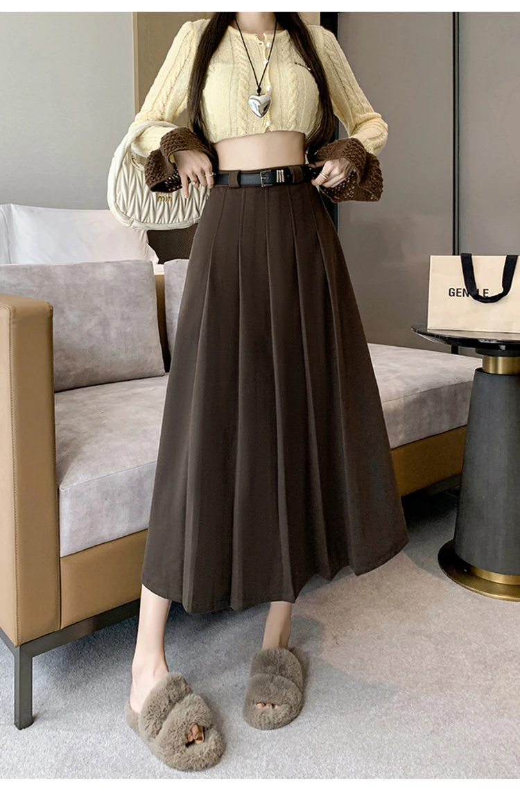 Grey woolen pleated skirt for women in autumn and winter skirt high waisted casual large hemA-line medium length skirt