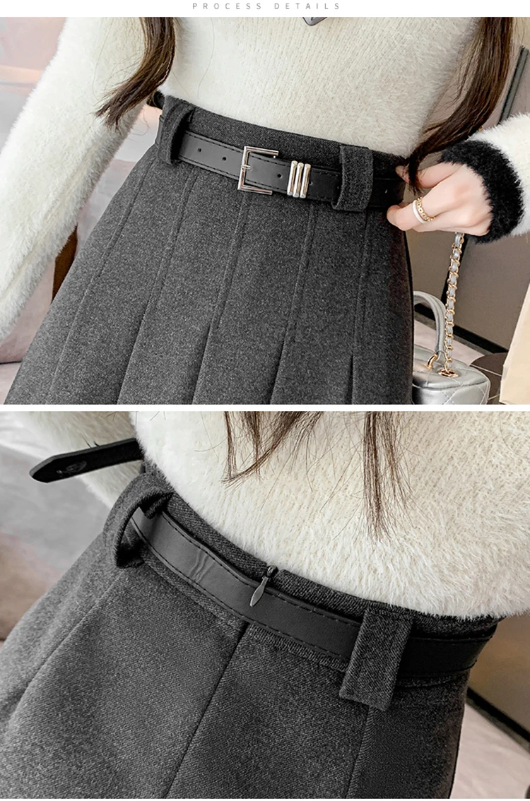 Grey woolen pleated skirt for women in autumn and winter skirt high waisted casual large hemA-line medium length skirt
