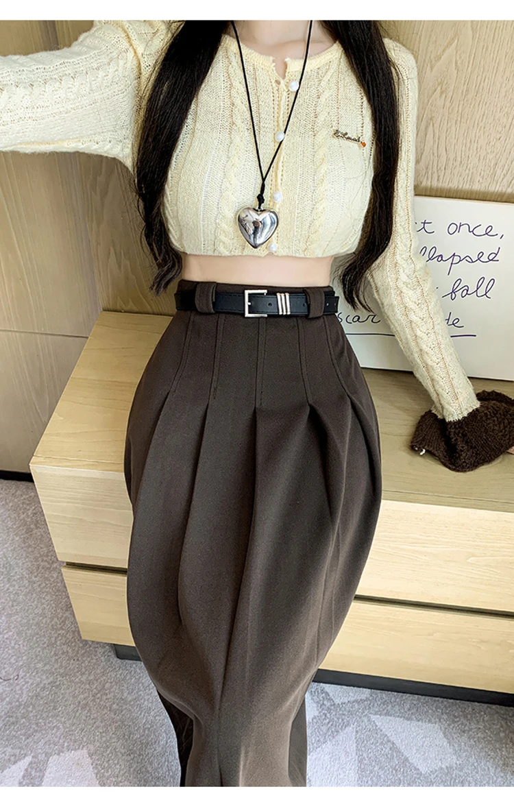 Grey woolen pleated skirt for women in autumn and winter skirt high waisted casual large hemA-line medium length skirt