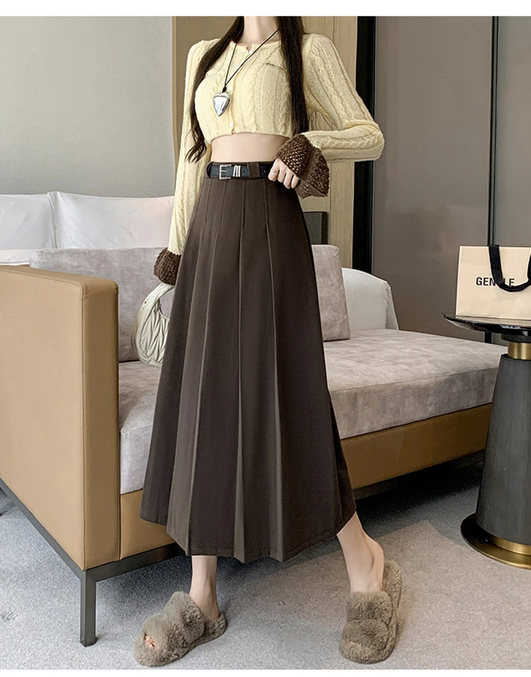 Grey woolen pleated skirt for women in autumn and winter skirt high waisted casual large hemA-line medium length skirt
