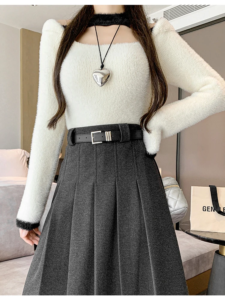 Grey woolen pleated skirt for women in autumn and winter skirt high waisted casual large hemA-line medium length skirt