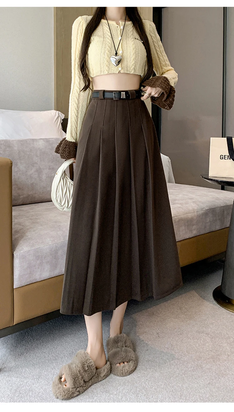 Grey woolen pleated skirt for women in autumn and winter skirt high waisted casual large hemA-line medium length skirt