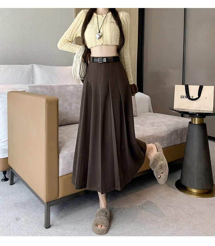 Grey woolen pleated skirt for women in autumn and winter skirt high waisted casual large hemA-line medium length skirt