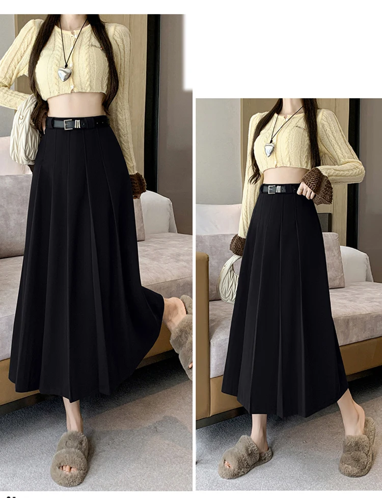 Grey woolen pleated skirt for women in autumn and winter skirt high waisted casual large hemA-line medium length skirt