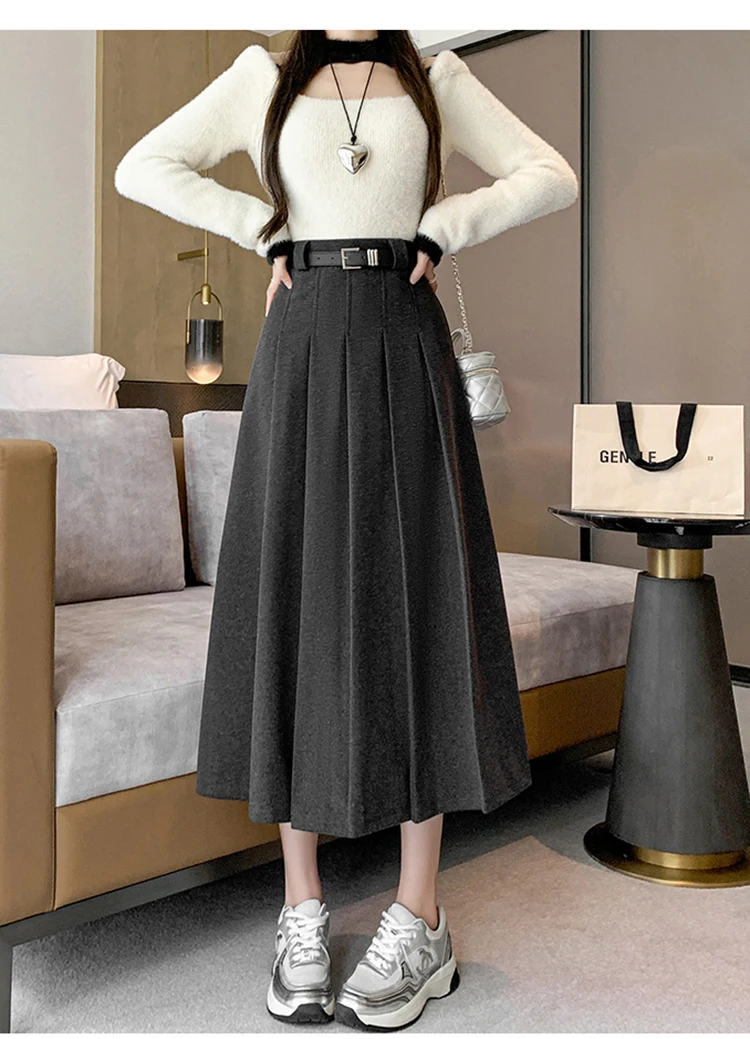 Grey woolen pleated skirt for women in autumn and winter skirt high waisted casual large hemA-line medium length skirt